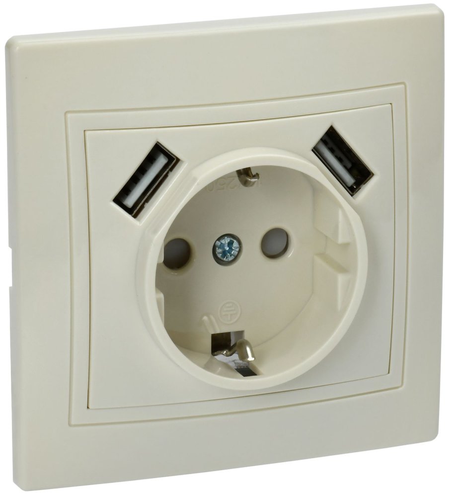 KVARTA Розетка 1-местная РЮш10-1-ККм с заземляющим контактом и защитными шторками 16А USBх2 2,1А кремовый IEK