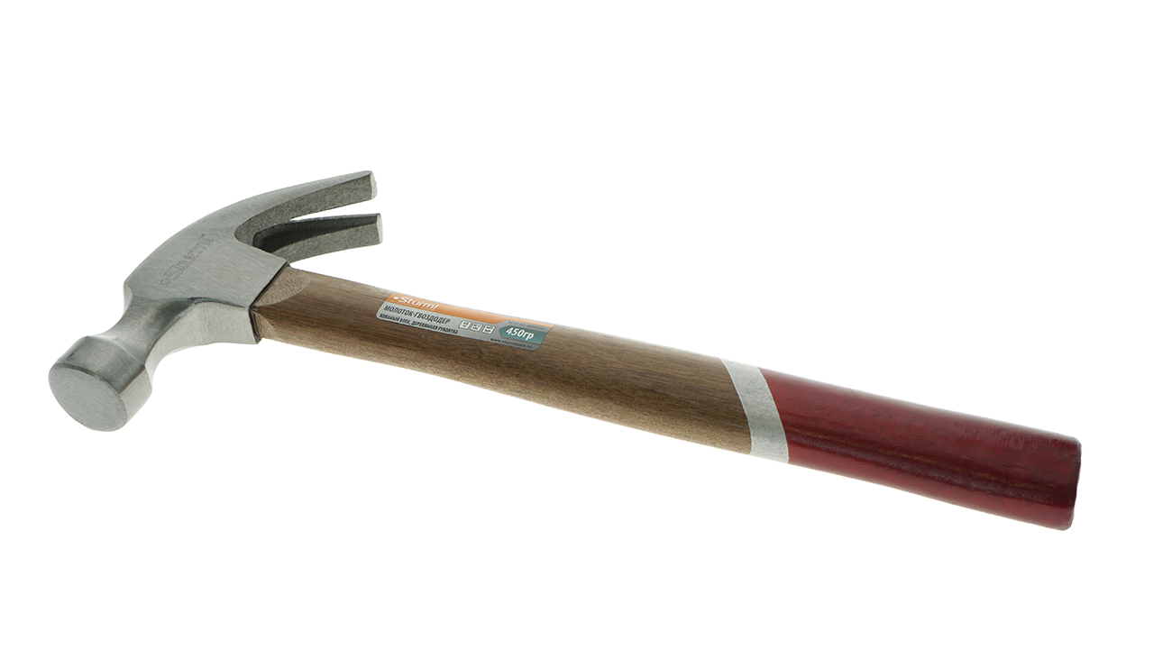 Молоток-гвоздодер, 450 г, кованый боек, деревянная рукоятка Sturm!