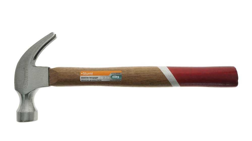 Молоток-гвоздодер, 450 г, кованый боек, деревянная рукоятка Sturm!