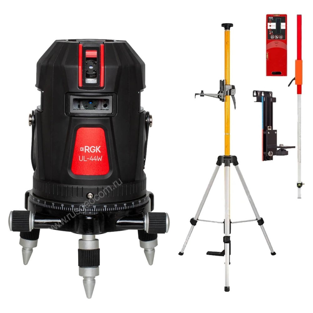 Комплект: лазерный уровень RGK UL-44W Black с калибровкой + штанга-упор приемник рейка кронштейн
