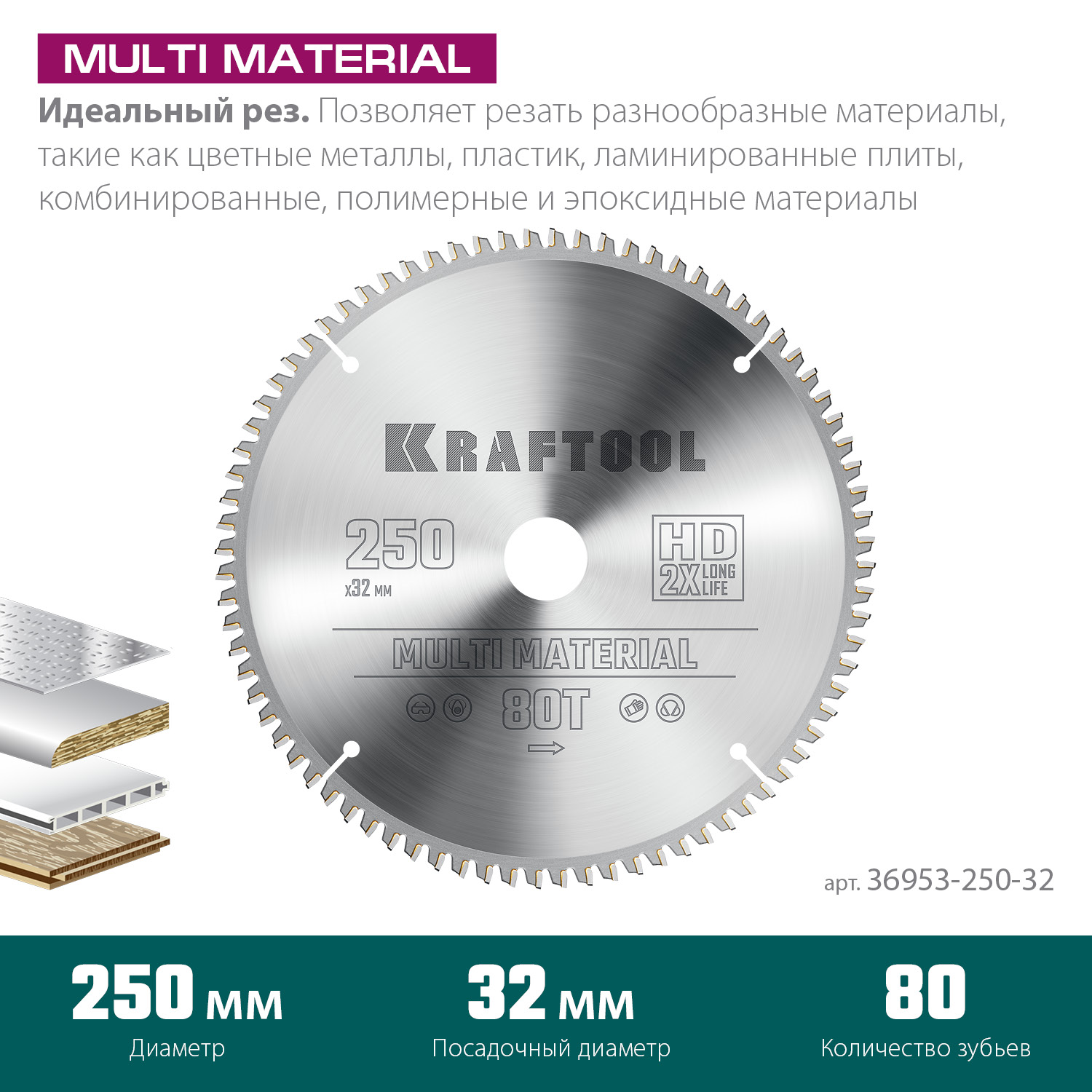 KRAFTOOL Multi Material 250х32мм 80Т, диск пильный