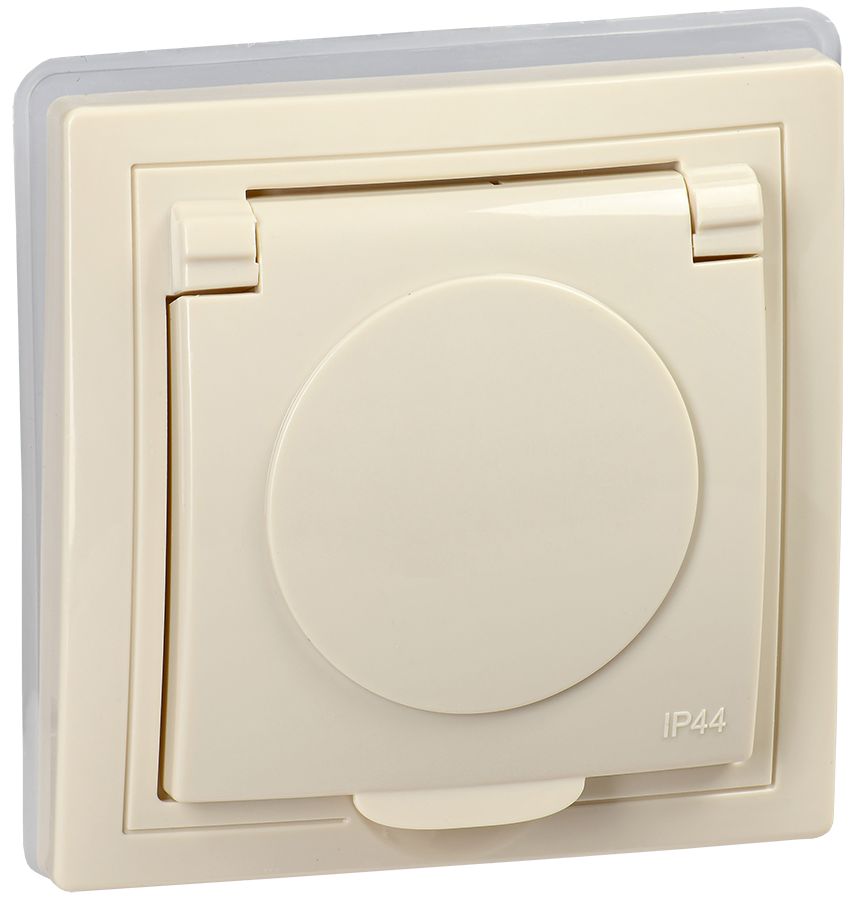 KVARTA Розетка 1-местная РСбш10-3-ККм-44 с заземляющим контактом с защитными шторками и крышкой 16А IP44 кремовый IEK