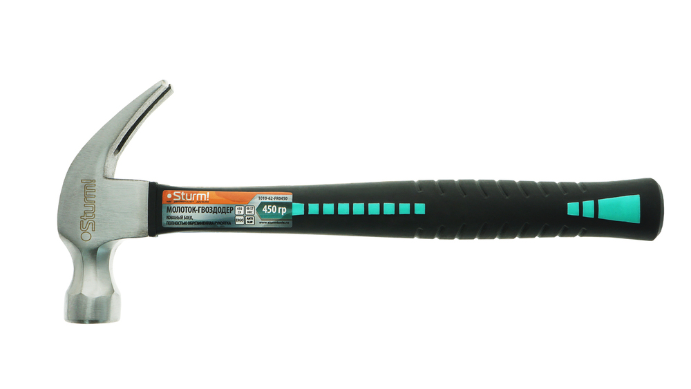 Молоток-гвоздодер, 450 г, кованый боек, обрезиненная рукоятка Sturm!