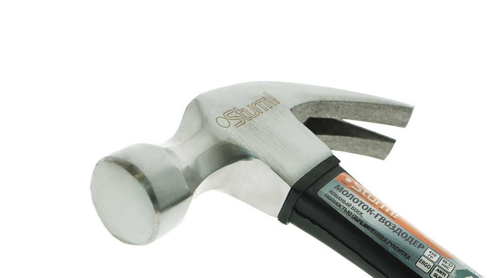 Молоток-гвоздодер, 450 г, кованый боек, обрезиненная рукоятка Sturm!