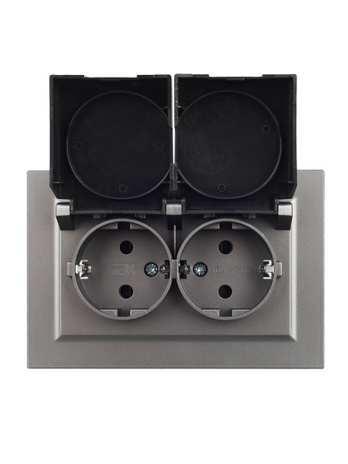 BRITE Розетка 2-местная с заземлением с защитными шторками и крышкой 16А в сборе IP44 РСбш12-3-44-БрС сталь IEK