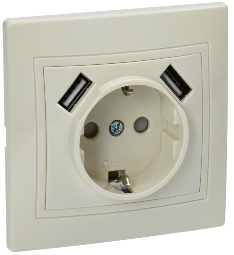 KVARTA Розетка 1-местная РЮш10-1-ККм с заземляющим контактом и защитными шторками 16А USBх2 2,1А кремовый IEK