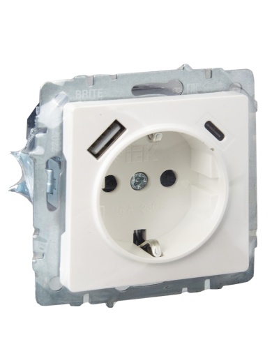 BRITE Розетка 1-местная с заземлением с защитными шторками 16А с USB A+C 18Вт РЮш11-1-БрЖ жемчуг IEK
