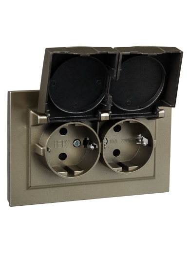 BRITE Розетка 2-местная с заземлением с защитными шторками и крышкой 16А в сборе IP44 РСбш12-3-44-БрШ шампань IEK