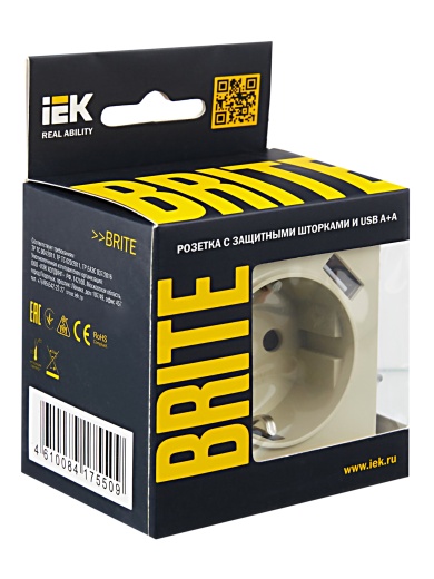 BRITE Розетка 1-местная с заземлением с защитными шторками 16А с USB A+A 5В 2,1А РЮш10-1-БрКр бежевый IEK