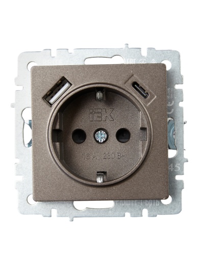 BRITE Розетка 1-местная с заземлением с защитными шторками 16А с USB A+C 18Вт РЮш11-1-БрТБ темная бронза IEK