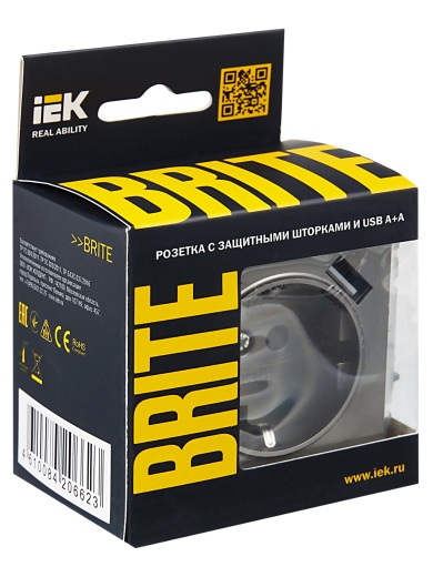 BRITE Розетка 1-местная с заземлением с защитными шторками 16А с USB A+A 5В 3,1А РЮш10-2-БрС сталь IEK