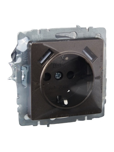 BRITE Розетка 1-местная с заземлением с защитными шторками 16А с USB A+A 5В 2,1А РЮш10-1-БрТБ темная бронза IEK