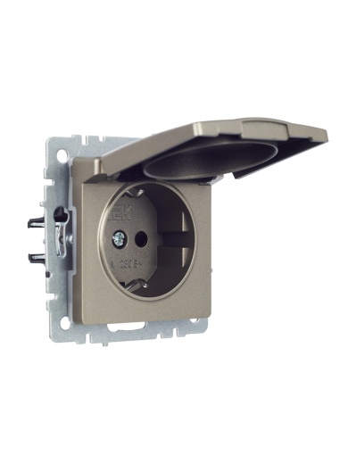 BRITE Розетка 1-местная с заземлением с защитными шторками и крышкой 16А IP44 РСбш10-3-44-БрШ шампань IEK