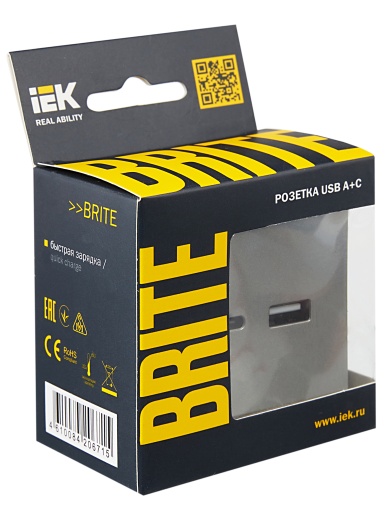 BRITE Розетка USB A+C 18Вт РЮ11-1-БрС сталь IEK
