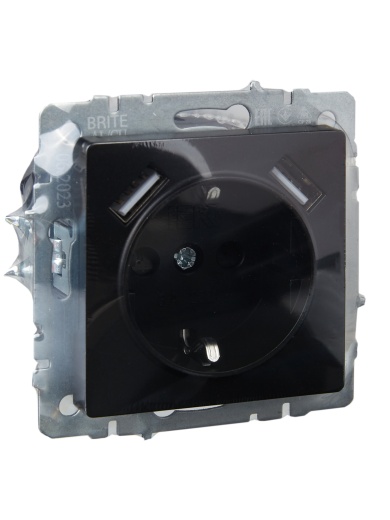 BRITE Розетка 1-местная с заземлением с защитными шторками 16А с USB A+A 5В 2,1А РЮш10-1-БрЧ черный IEK