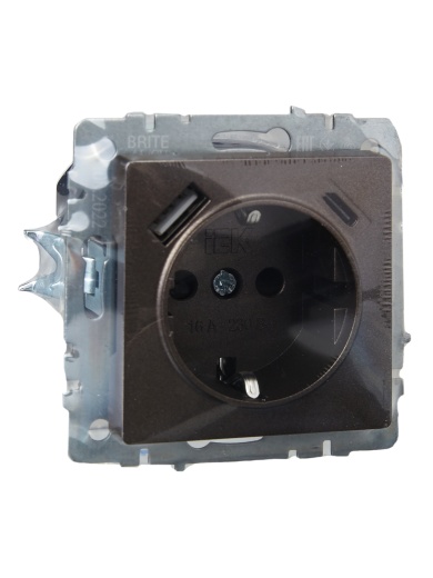 BRITE Розетка 1-местная с заземлением с защитными шторками 16А с USB A+C 18Вт РЮш11-1-БрТБ темная бронза IEK