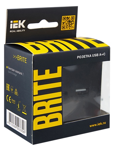 BRITE Розетка USB A+C 18Вт РЮ11-1-БрЧ черный IEK